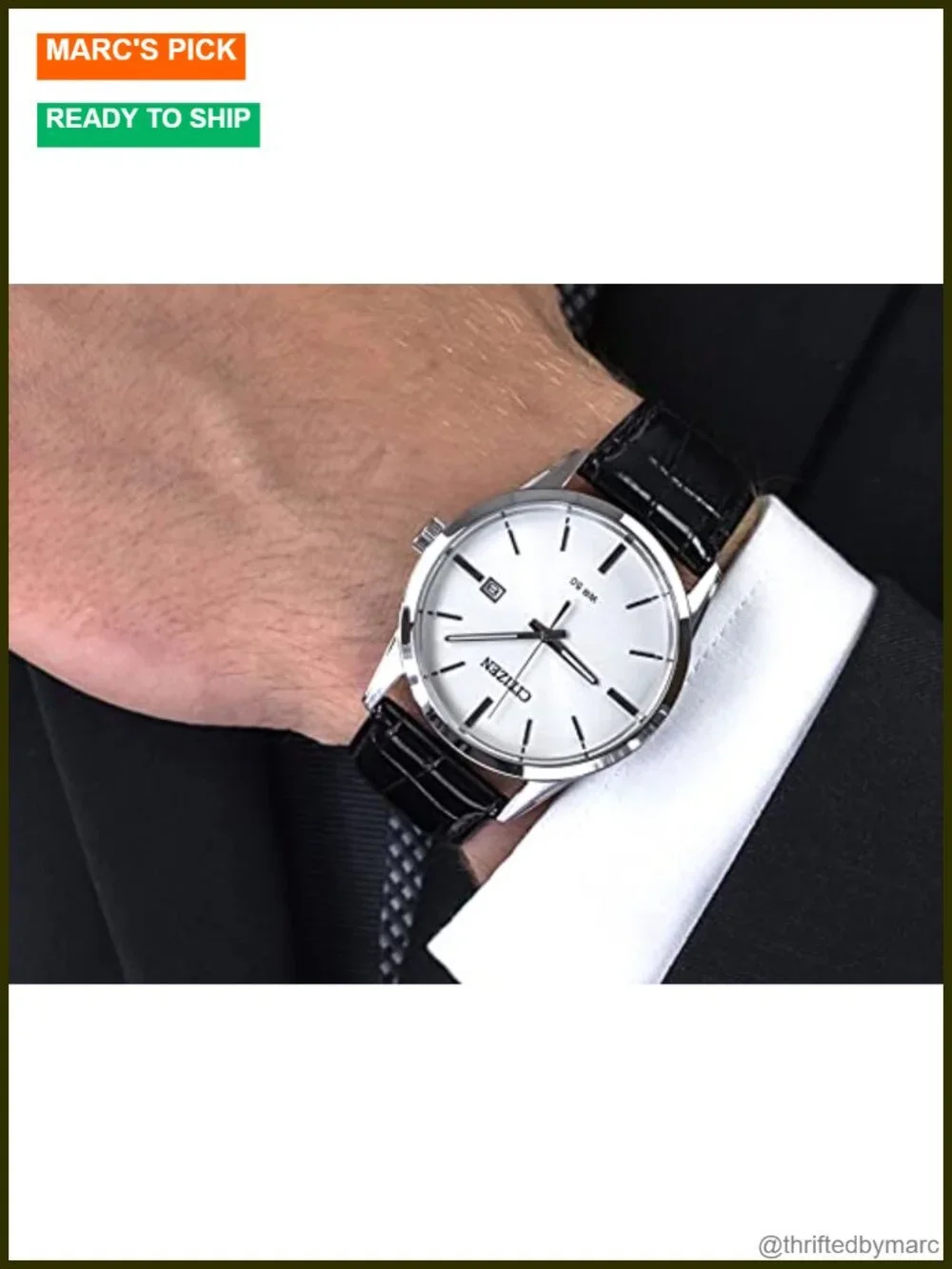 Quartz Wrist Watch, Stainless Steel Case, Leather Strap, Analog Display, Date